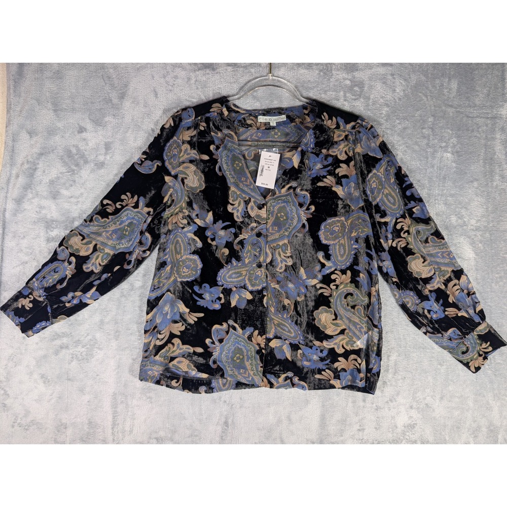 Cleo Petite Paisley Burnout Velvet V-Neck Button Front Blouse Navy Blue Medium
